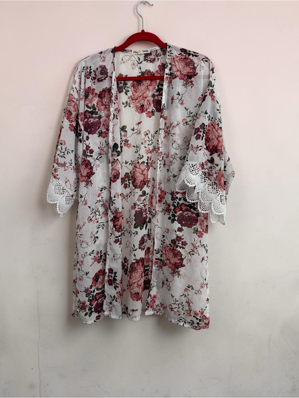Wallflower White Floral Kimono Robe with Pink Roses